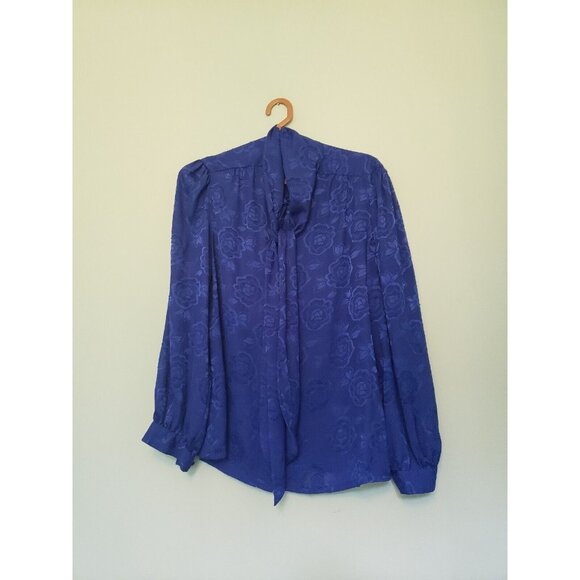 Vtg Halston III Womens 12 Blouse Secretary Bow Neck Blue Floral Semi Sheer - Picture 9 of 13